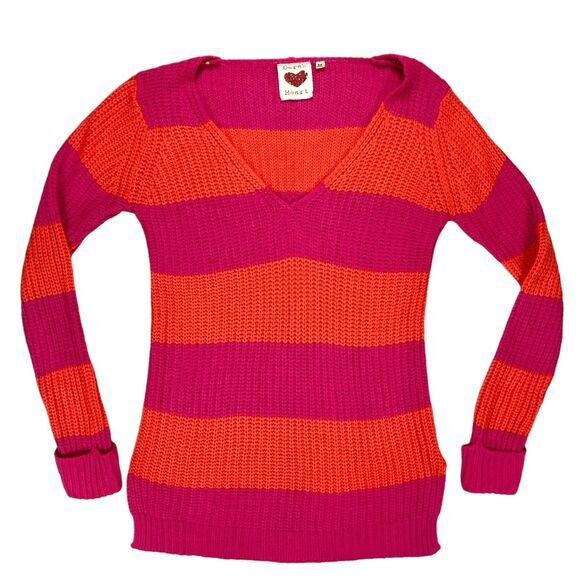 Derek Heart Sweater Womens M Pink Orange Striped Vibrant Chunky Knit Cozy Winter - Picture 2 of 16